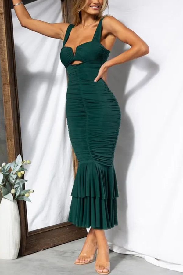Solid Color High Waist Pleated Mermaid Dress-consonak