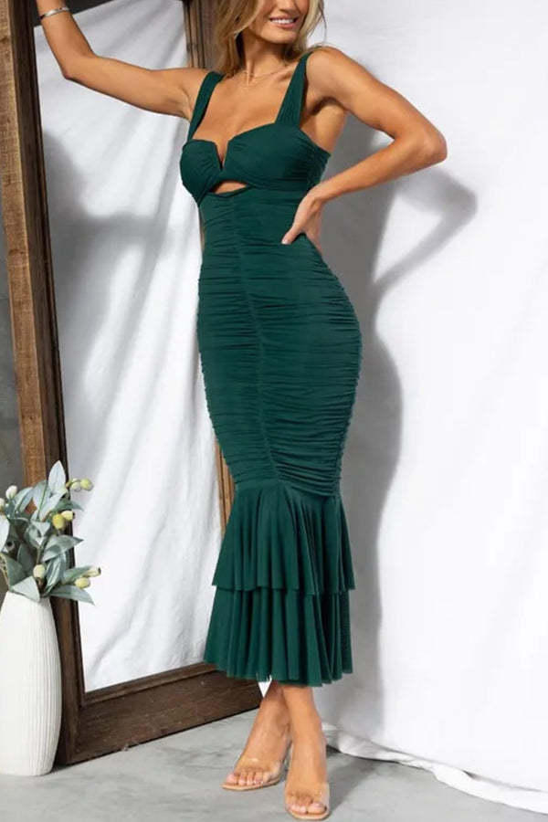 Solid Color High Waist Pleated Mermaid Dress-consonak