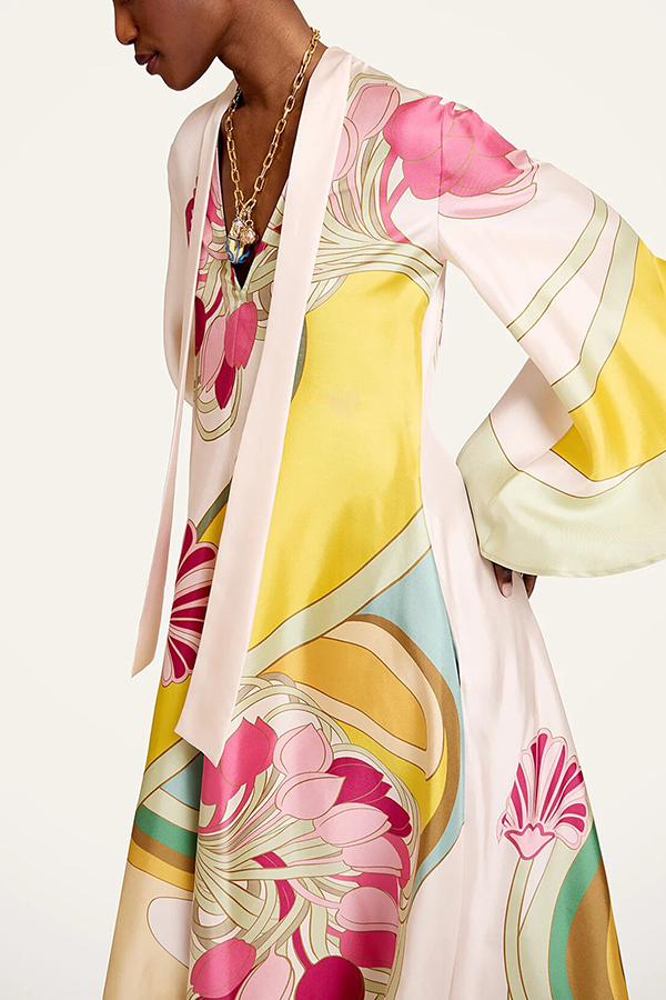 Darla Satin Colorful Baroque Style Printed Tie-up Neck Bell Sleeve Maxi Dress-Consonak