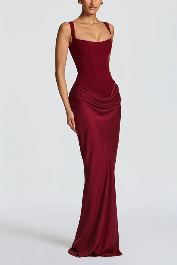 Larrah Square Neck Back Lace-up Satin Drape Hem Maxi Dress | Consonak
