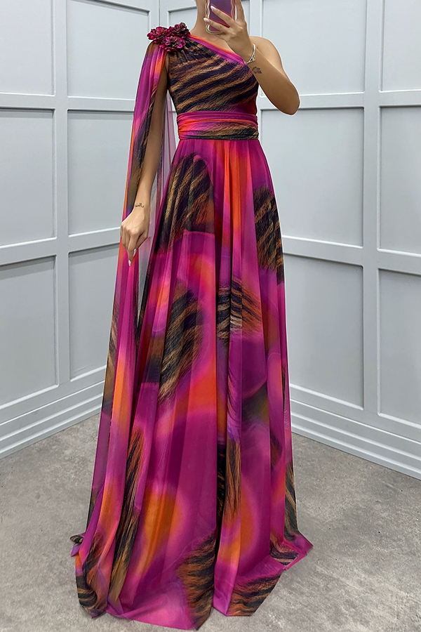 Lucia Unique Print Floral Detail One Shoulder Draped Sleeve Gown Maxi Dress | Consonak