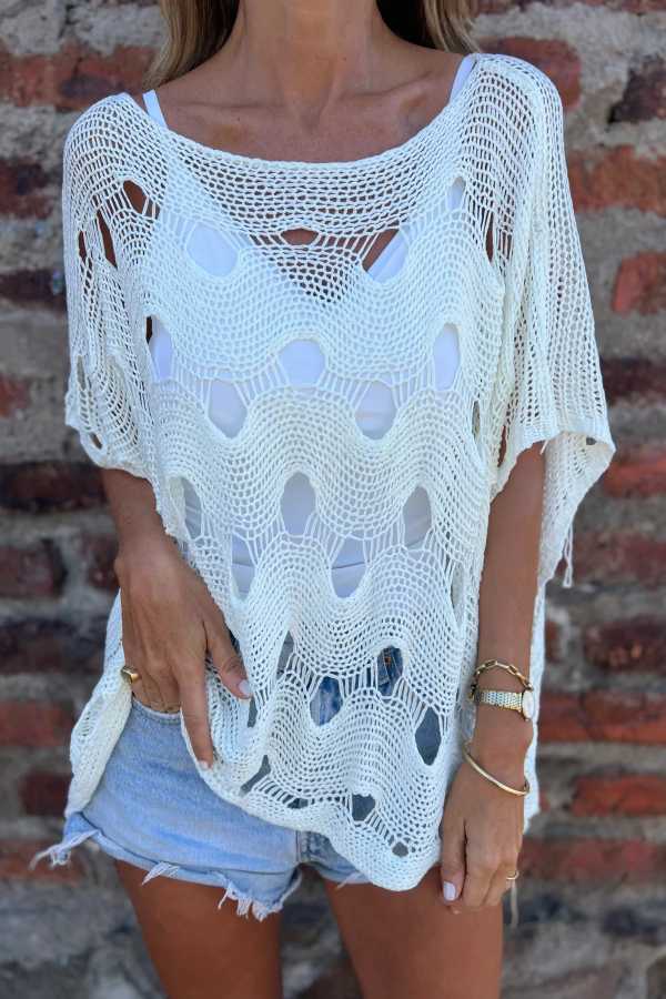 Solid Color Loose-fitting Openwork Casual Knit Top-consonak