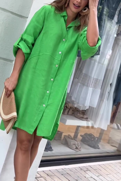 Linen Blend Solid Long Sleeve Button-Down Shirt Style Mini Dress-consonak