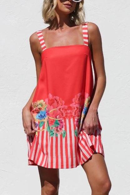 Floral Striped Print Square Neck Backless Loose Mini Dress