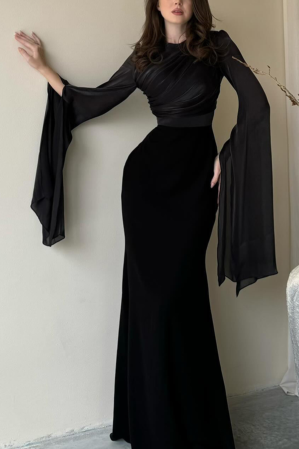 Liora Ruched Organza and Satin Patchwork Design Long Bell Slit Sleeve Maxi Dress-consonak