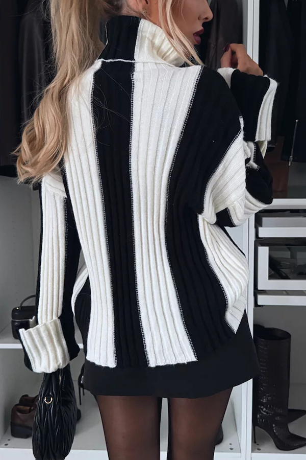 Comfort and Warmth Knit Color Block Long Sleeve Turtleneck Sweater-consonak
