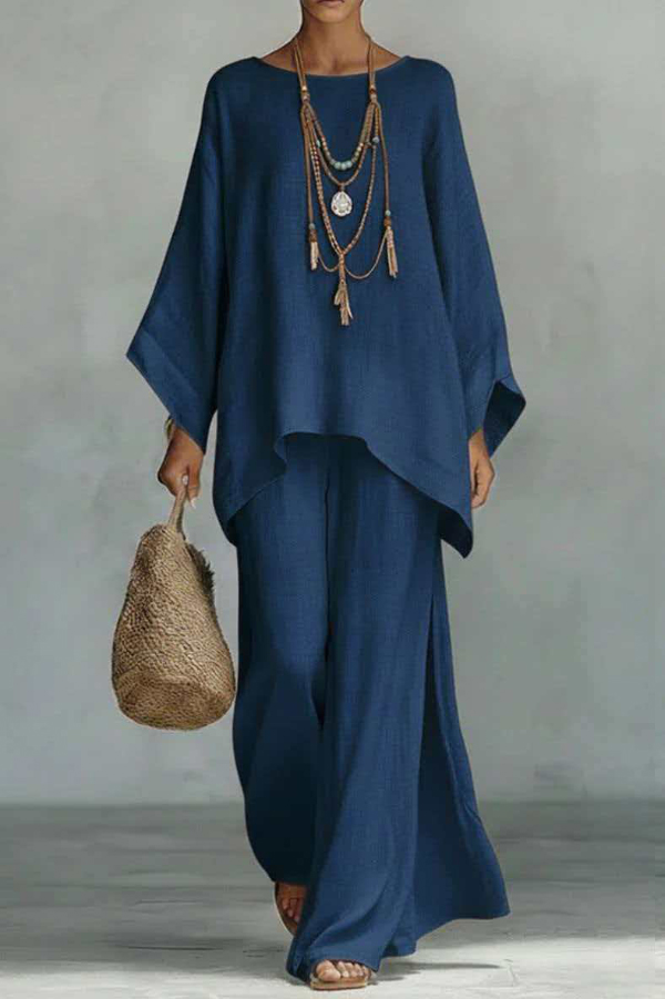 Linen Blend Crew Neck Long-sleeved Loose Top and Elastic Waist Casual Wide-leg Pants Set