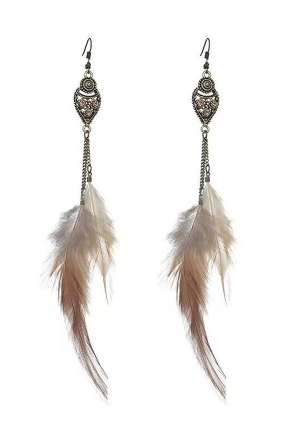 Vintage chain tassel bohemian feather earrings-consonak