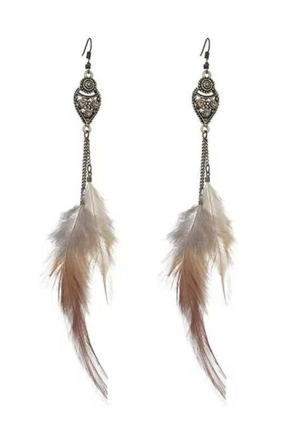 Vintage chain tassel bohemian feather earrings-consonak