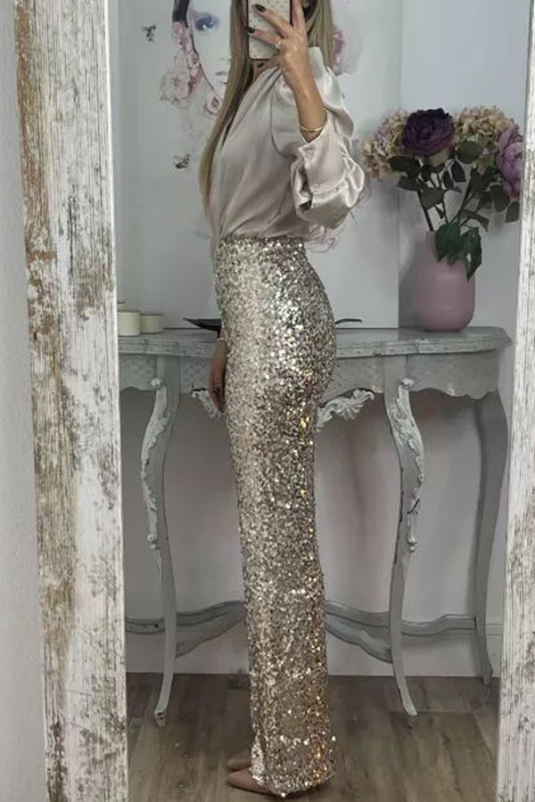 Glitzy Glamour Sequin High Rise Elastic Waist Wide Leg Pants | Consonak