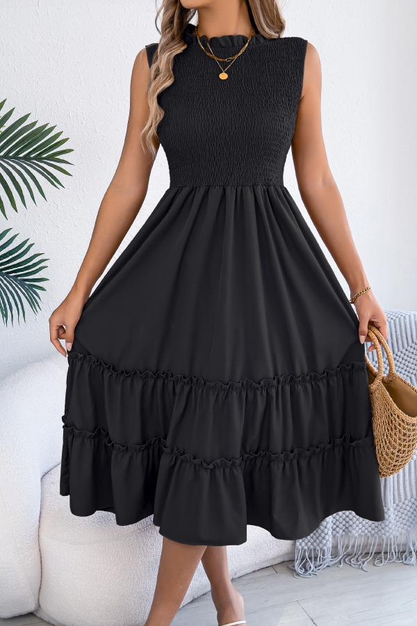 Solid Color Sleeveless Tucked Patchwork Casual Midi Dress-consonak