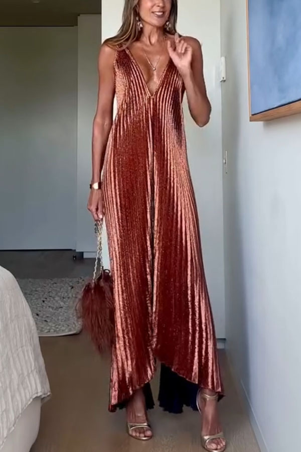 Muse Glitter Fabric Pleated V-neck Tulip-cut Hemline Slip Maxi Dress