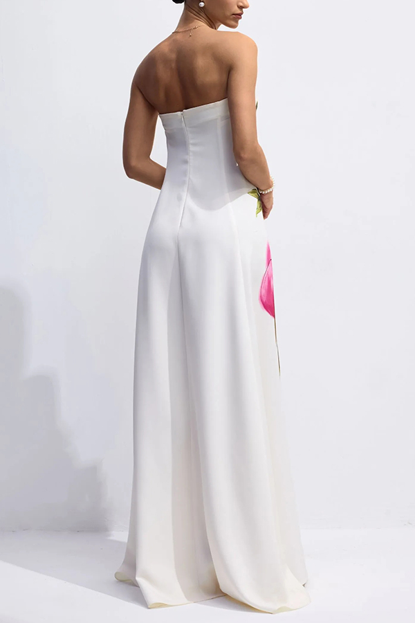 Garden Wedding Painted Roses Print Strapless A-line Maxi Dress-consonak