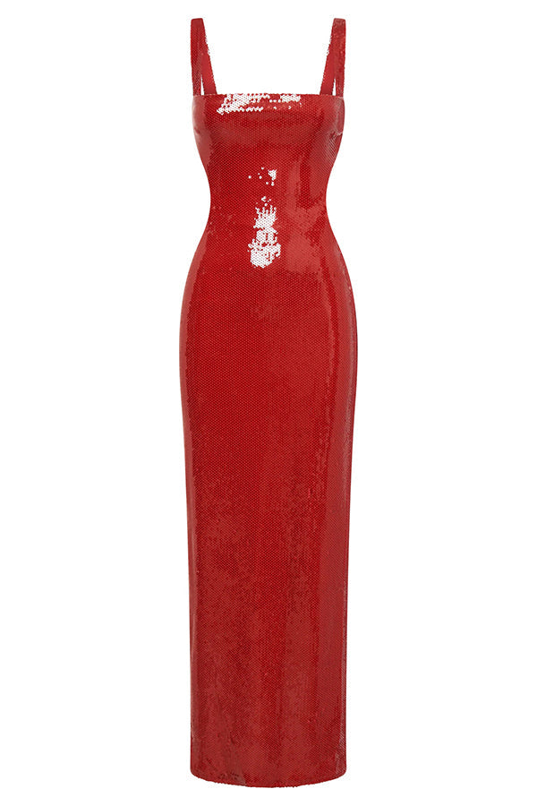 Eye Catching Sequin Cutout Waist Wide Strap Bacakless Maxi Dress | Consonak