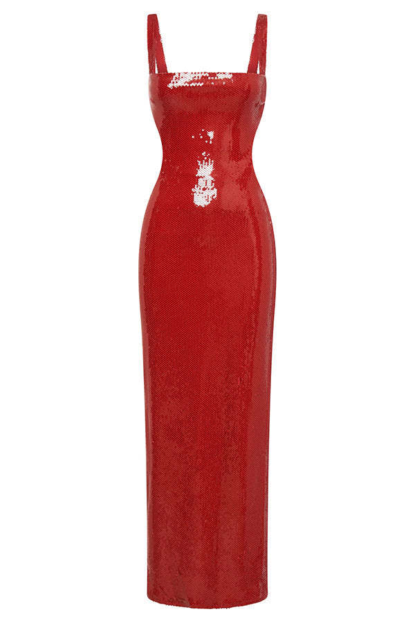 Eye Catching Sequin Cutout Waist Wide Strap Bacakless Maxi Dress-consonak