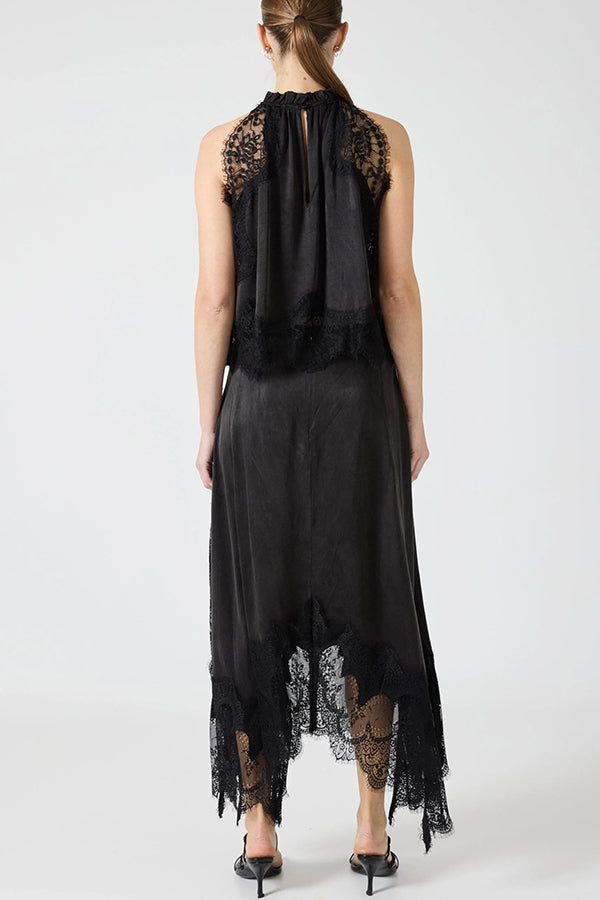 Modern Muse Satin Lace Trim Pleated Neck Top and A-line Irregular Slit Skirt Set | Consonak