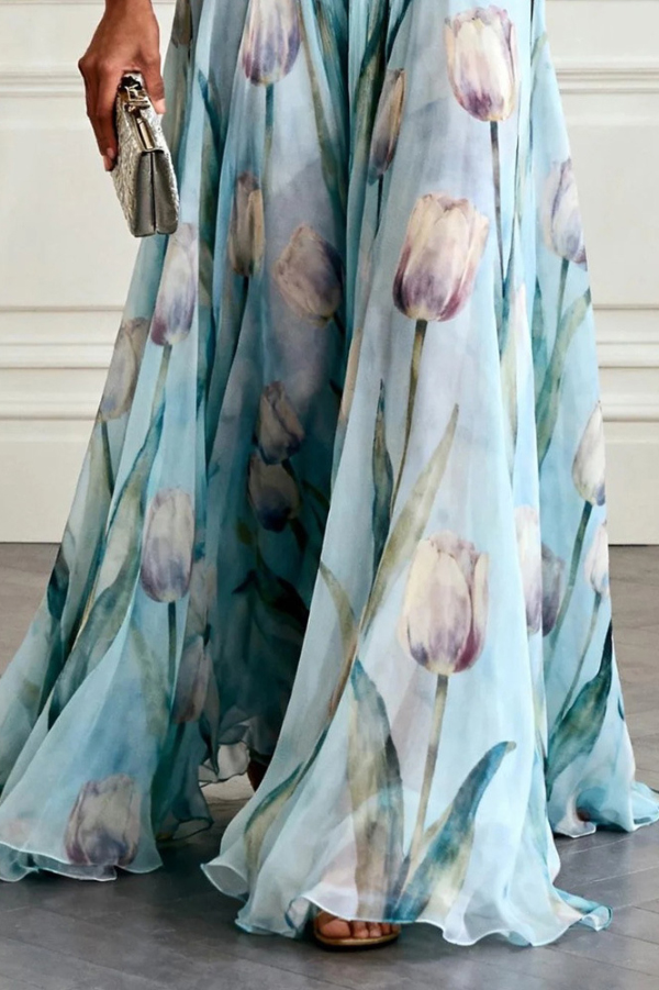 Tulip Print V-Neck Sleeveless Elegant Waist-Defining Maxi Dress