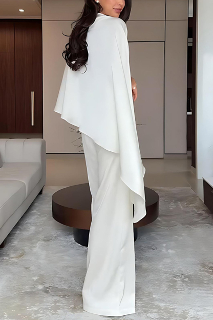 Iris Satin High Neck Cape Sleeve Irregular Hem Top and Elastic Waist Wide-Leg Pants Set-consonak