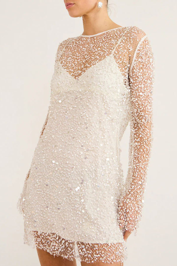 Sparkle and Shine Sequins and Pearls Fabric Mini Dress with Separate Slip-consonak