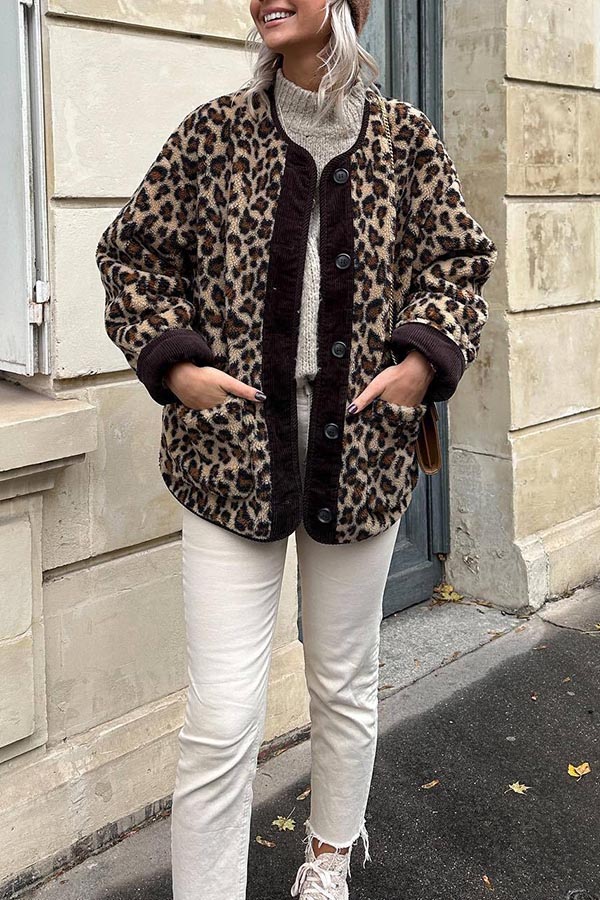 Warm Feel Colorblock Leopard Print Plush Button Up Pocketed Teddy Jacket-consonak