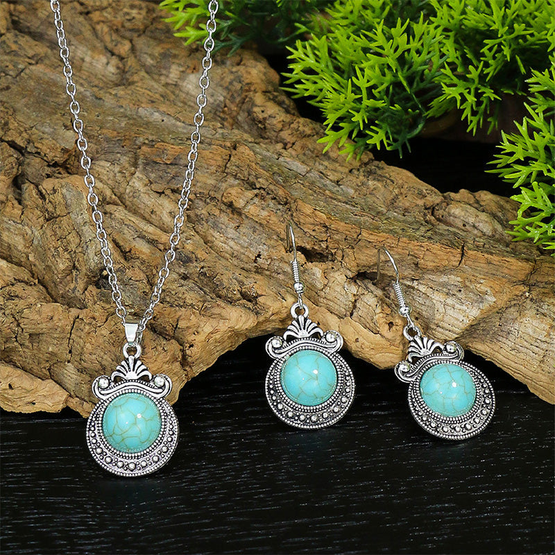 Vintage Court Ethnic Geometric Carved Turquoise Diamond Earrings Necklace Set | Consonak