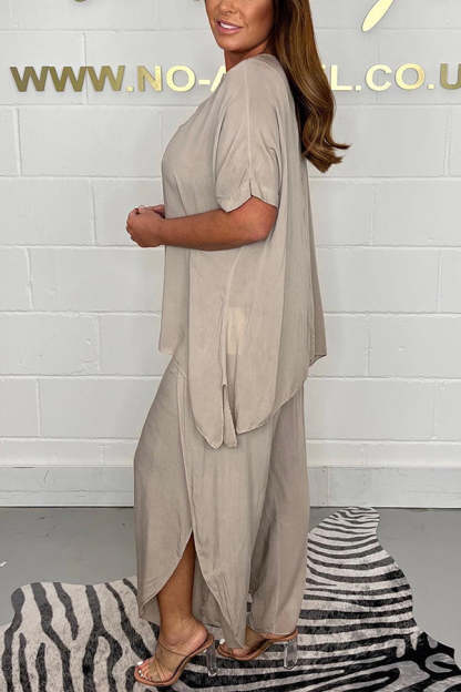 Greyson Flowy Loose Blouse and Elastic Waist Slit Pants Set-consonak