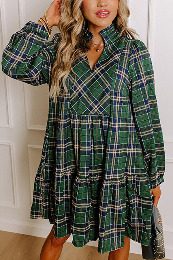 Plaid Print Loose V-Neck Long Sleeve Casual Mini Dress-consonak