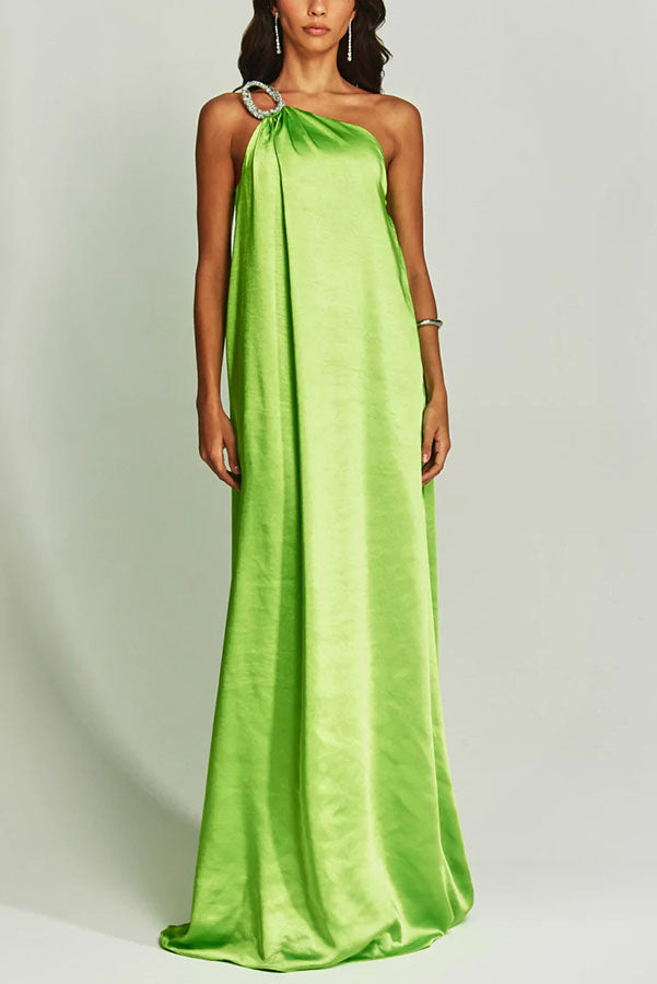 Charming Glance Satin Metal Hardware One Shoulder Loose Maxi Dress-consonak