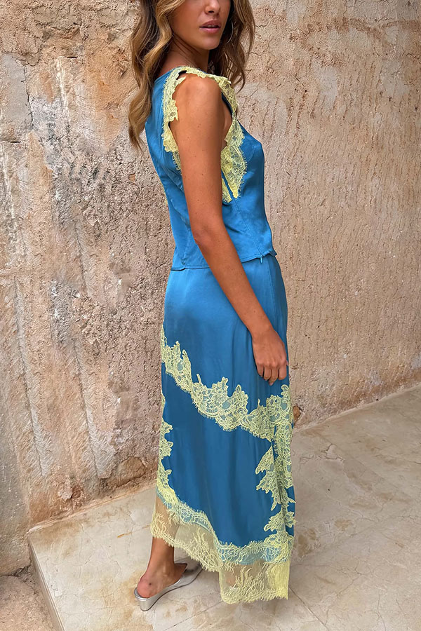 Kira Contrast Color Satin Lace Trim Asymmetrical Sleeves Top