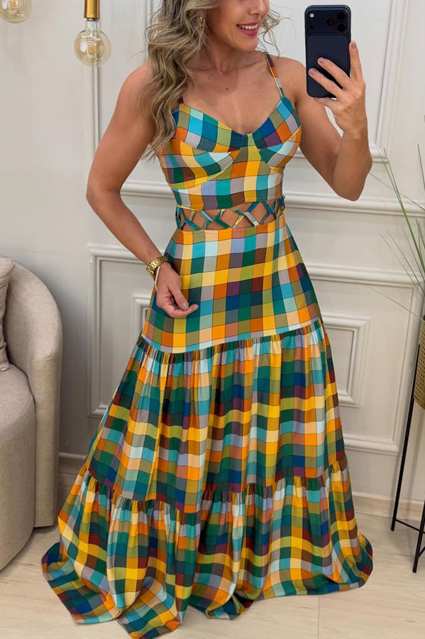 Modern Colorful Plaid Print Openwork Weave Detail Waist Back Smocked Maxi Dress