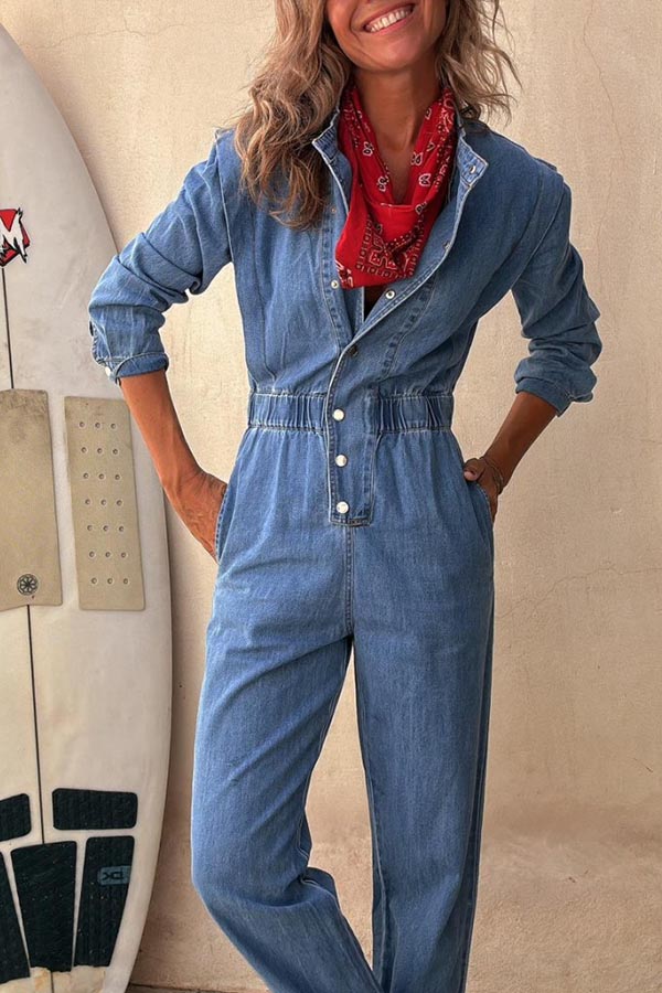 Carey Denim Button Up Long Sleeve Elastic Waist Pocketed Loose Jumpsuit-consonak