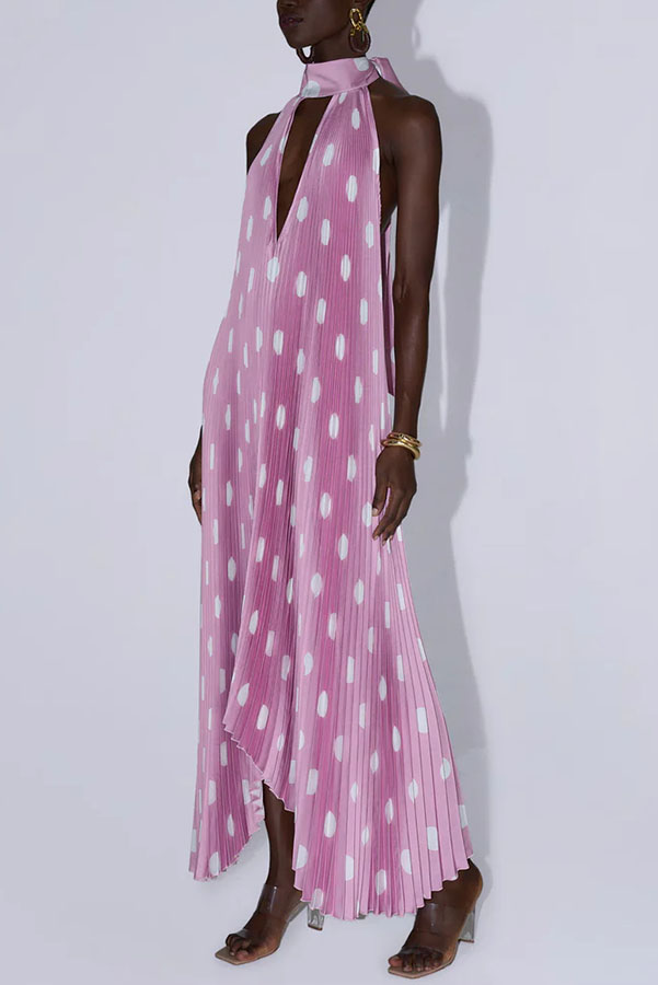 Opera Pleated Satin Polka Dot Print High Neck Cutout Halter Maxi Dress-consonak