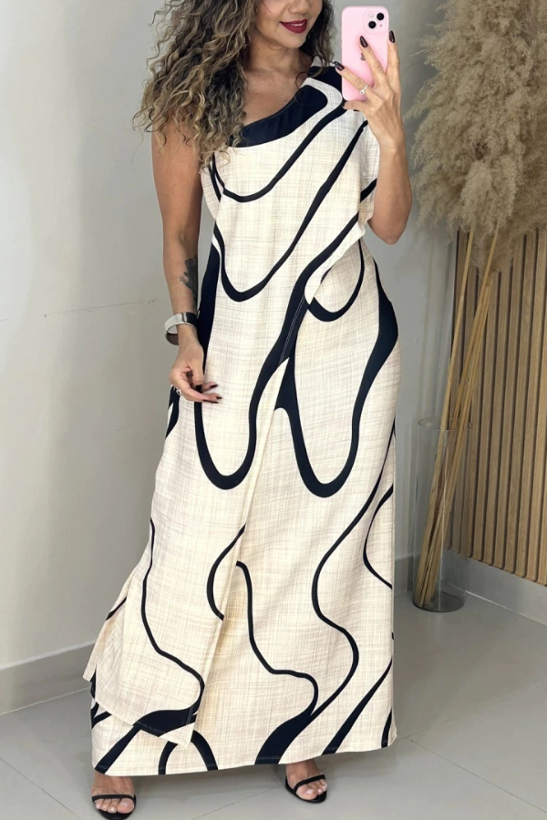 Unique Printed One-Shoulder Short-Sleeve Casual Maxi Dress-consonak