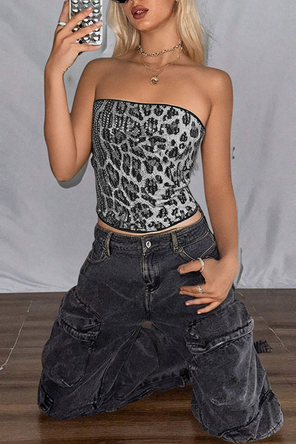 Sexy Sequined Leopard Print Off-shoulder Fitted Crop Top-consonak