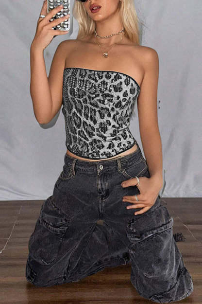 Sexy Sequined Leopard Print Off-shoulder Fitted Crop Top-consonak