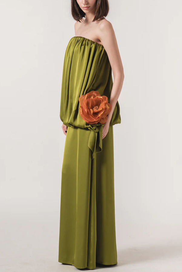 Simple Elegant Satin Voluminous Floral Detail Strapless Top and Elastic Waist Drape Maxi Skirt Set-consonak