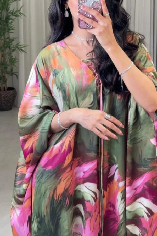 Unique Printed Loose V-Neck Kaftan Robe Maxi Dress-consonak