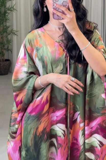 Unique Printed Loose V-Neck Kaftan Robe Maxi Dress-consonak