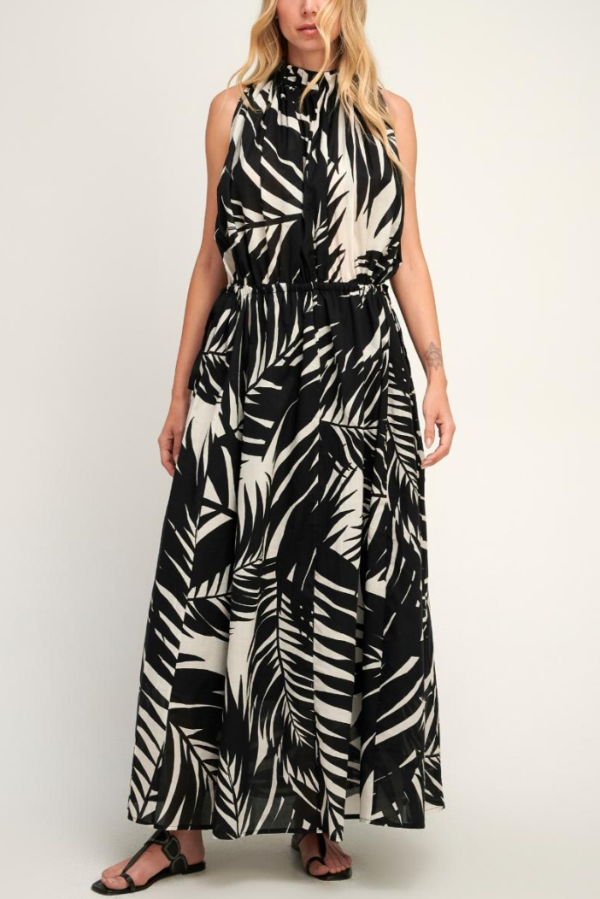 Leaf Print Sleeveless Waist Tie Casual Holiday Maxi Dress