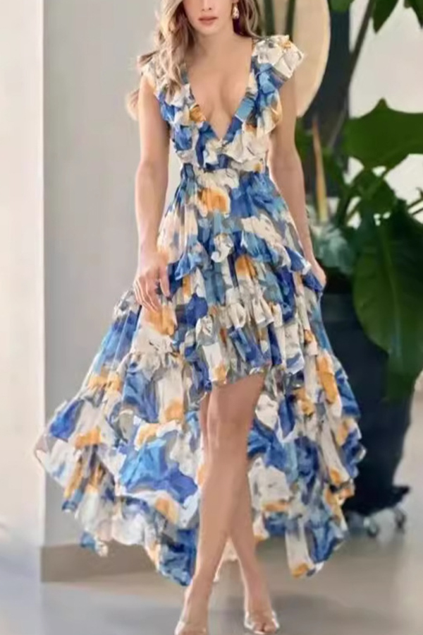 Boho Floral Print Sexy V-neck Backless Resort Maxi Dress-consonak