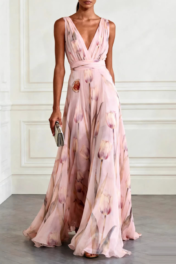 Tulip Print V-Neck Sleeveless Elegant Waist-Defining Maxi Dress