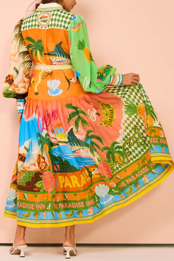 A World of Colour Unique Print Balloon Sleeve Belt Shirt Midi Dress-consonak