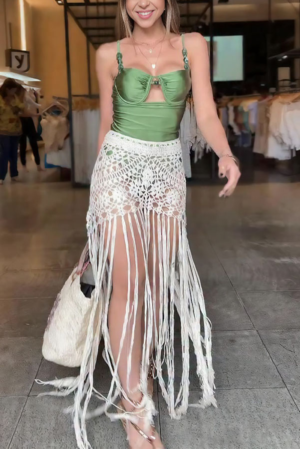 Meenah Knit Hollow Out Crochet High Rise Tassel Hem Cover-up Maxi Skirt