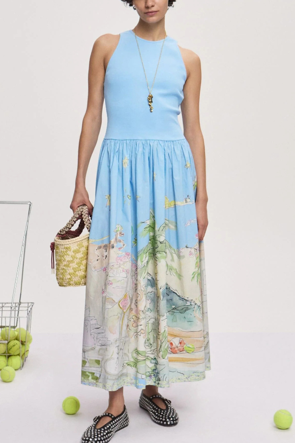 Ink Wash Print Round Neck Sleeveless Resort-style Midi Dress-consonak