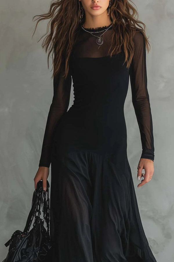 Fashionable Mesh-paneled Long-sleeved Slim-fit Maxi Dress