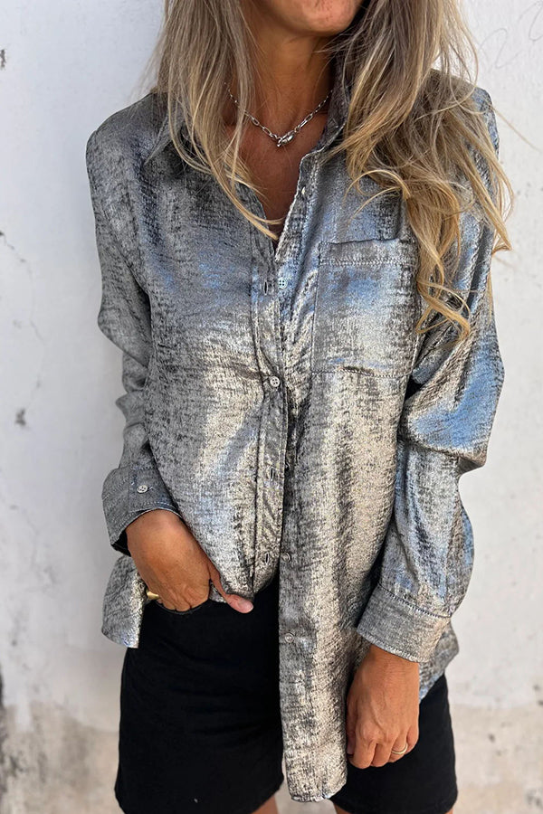 First and Fabulous Metallic Fabric Button Up Long Sleeve Loose Blouse | Consonak