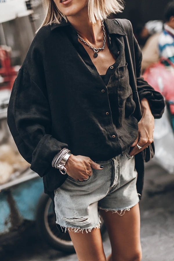 Go To The Beach Linen Blend Pocketed Long Sleeve Oversized Shirt | Consonak