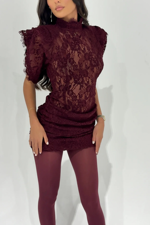 Bold and Alluring Lace High Neck Statement Padded Shoulder Wide Sleeve Ruched Mini Dress-consonak