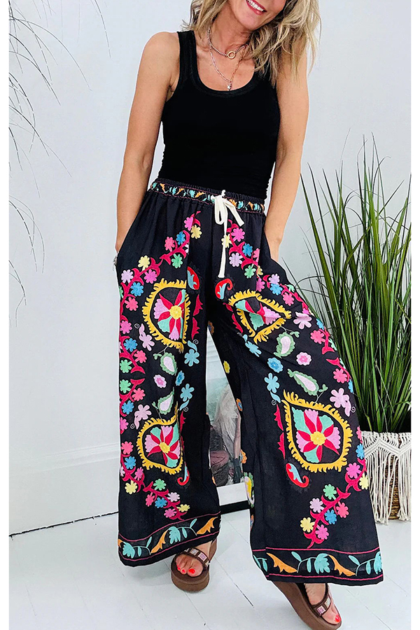 Hippie Style Unique Floral Denim Print Elastic Waist Pocketed Wide Leg Pants-consonak