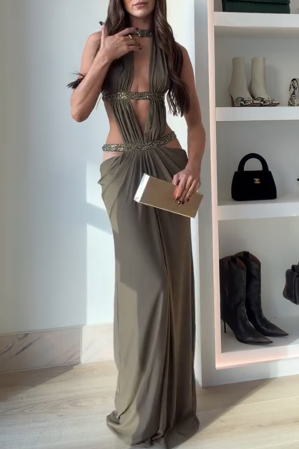 Khaki Hot-fix Rhinestone Shoulder Strap Cutout Design Backless Drape Maxi Dress-consonak